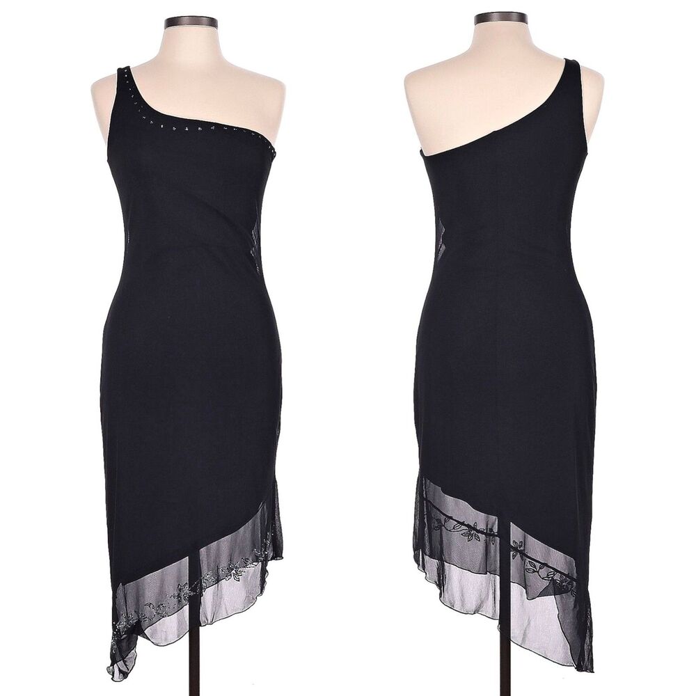 Vintage 1990s Byer Too! Midi Dress Black One Shoulder Glitter Fairy Siren Size L
